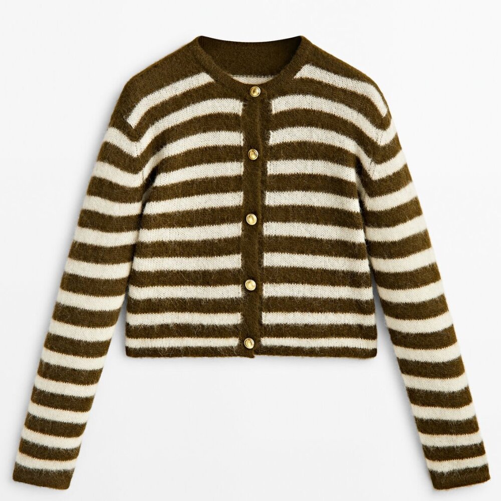 Massimo Dutti Green and White Stripes Knitted Cardigan Sweater
